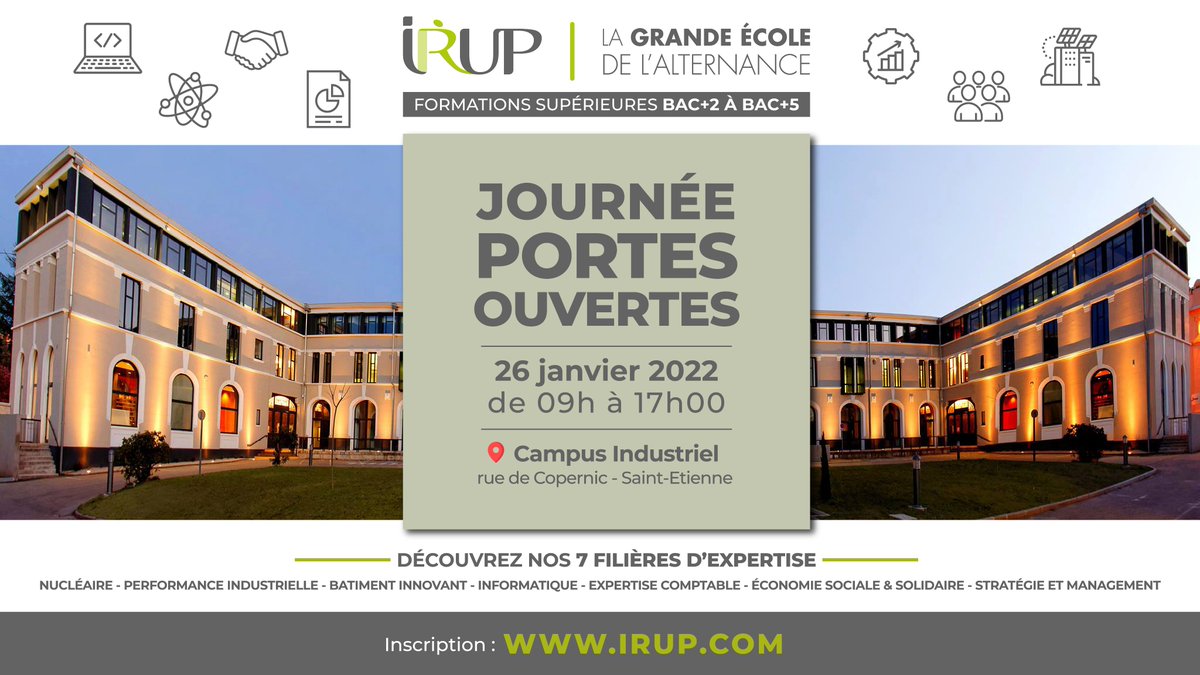 🚪 [#𝗣𝗼𝗿𝘁𝗲𝘀𝗢𝘂𝘃𝗲𝗿𝘁𝗲𝘀] Mercredi 26 janvier, <a href="/IRUPOfficiel/">IRUP Officiel</a> vous accueille sur #RDV pour sa Journée Portes Ouvertes !

📍 Campus Industriel, rue Copernic - Saint Etienne
📅 26 janvier 2022
🕑 9h - 17h
💻 Inscription sur RDV : irup.com/2021/12/23/jou…