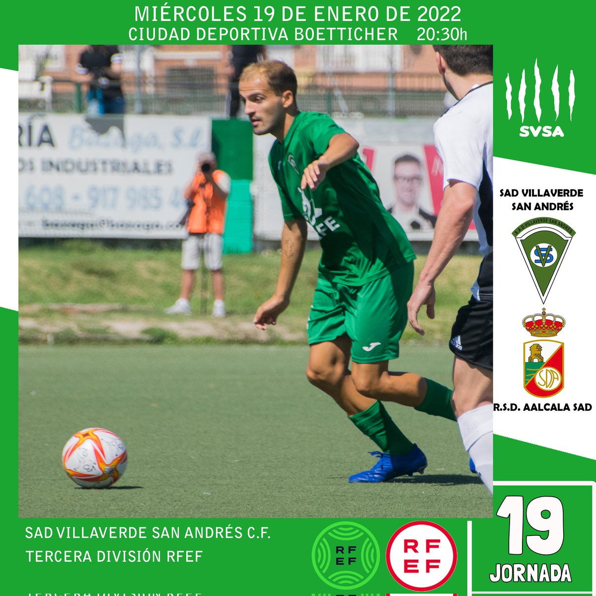 <a href="/SADvillaverde/">SAD Villaverde San Andrés</a> 🆚 <a href="/rsda_oficial/">RSD ALCALA SAD</a> 
🏆 TERCERA DIVISIÓN 
⚽ JORNADA 1️⃣9️⃣
🗓️ 1️⃣9️⃣-0️⃣1️⃣-2️⃣0️⃣2️⃣2️⃣
⌚ 2️⃣0️⃣:3️⃣0️⃣
🏟️ CIUDAD D. BOETTICHER
Este miércoles jugamos el partido aplazado el pasado Diciembre correspondiente a la J 1️⃣9️⃣. Queremos seguir el año como lo empezamos, con un ➕3️⃣💪💚
