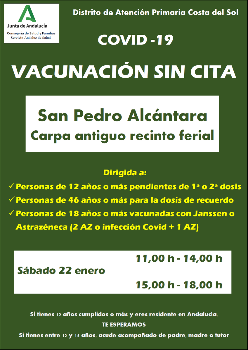 DSAPCostadelSol's tweet photo. Este fin de semana también vacunamos sin cita. Puedes elegir sábado o domingo y mañana o tarde, abriremos un punto de vacunación #Covid por zona básica: #Torremolinos #Fuengirola #SanPedro #Estepona Te estaremos esperando. https://t.co/gWzuglFUVa