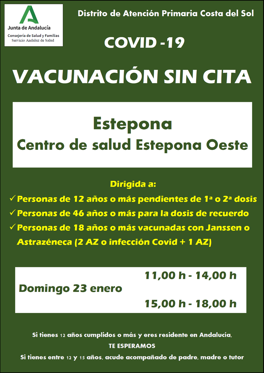 DSAPCostadelSol's tweet photo. Este fin de semana también vacunamos sin cita. Puedes elegir sábado o domingo y mañana o tarde, abriremos un punto de vacunación #Covid por zona básica: #Torremolinos #Fuengirola #SanPedro #Estepona Te estaremos esperando. https://t.co/gWzuglFUVa