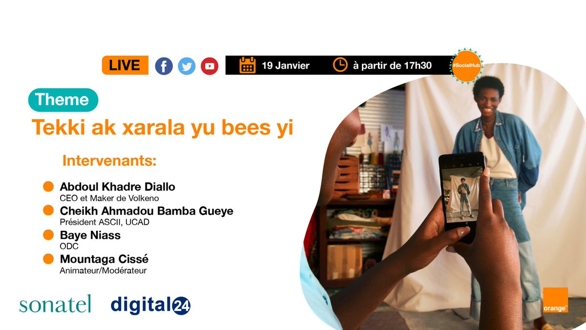 #LiveSocialHub : Thème « Les métiers du Digital, formation et débouchés / Tekki ak xarala yu bees yi »
Un rendez-vous périodique avec les internautes. Une co-production de Digital 24 en partenariat avec le Groupe Sonatel.
En live Facebook : facebook.com/digital24tv/po…
#Kebetu