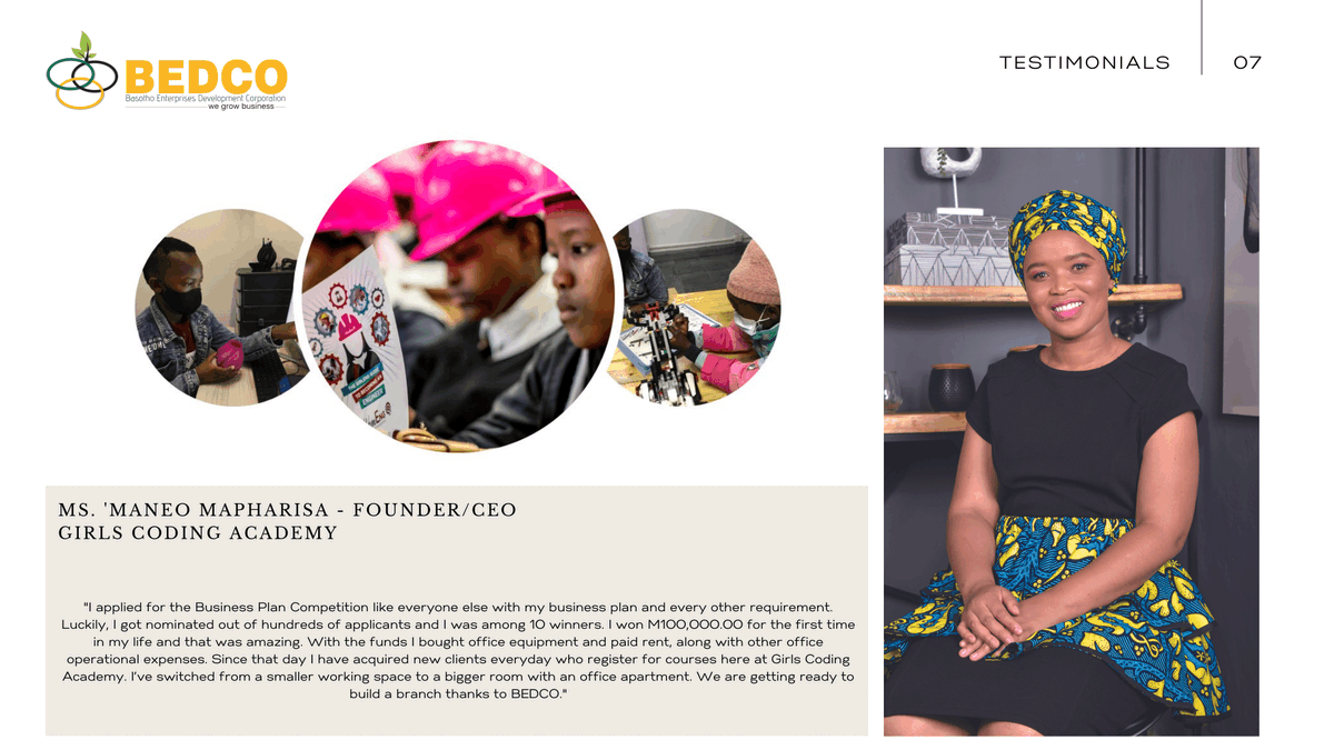 bedco_les's tweet photo. Read some of the testimonials below and get to know how the Business Plan Competition impacted past winners. Who knows? Maybe you too can walk away with M100, 000.00 towards your business! https://t.co/wNQVWdUfxh