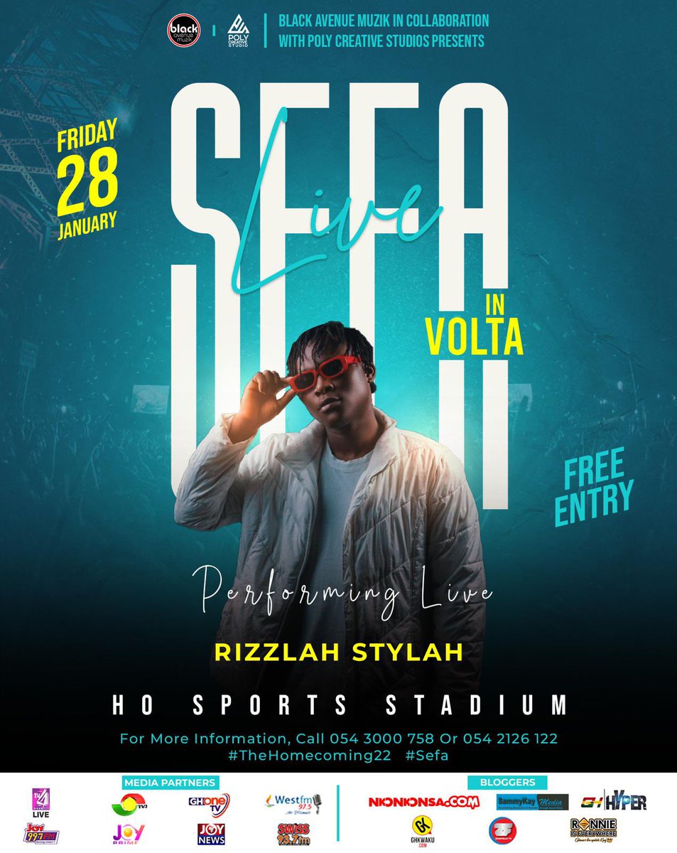 RizzLahStylah's tweet photo. See you on the 28th of this month inside the Ho sports stadium. Letβs make a new year memory.π
#Sefahomecomingconcert #Polycreativestudios @s3fa_gh https://t.co/KOdoJR9JCw
