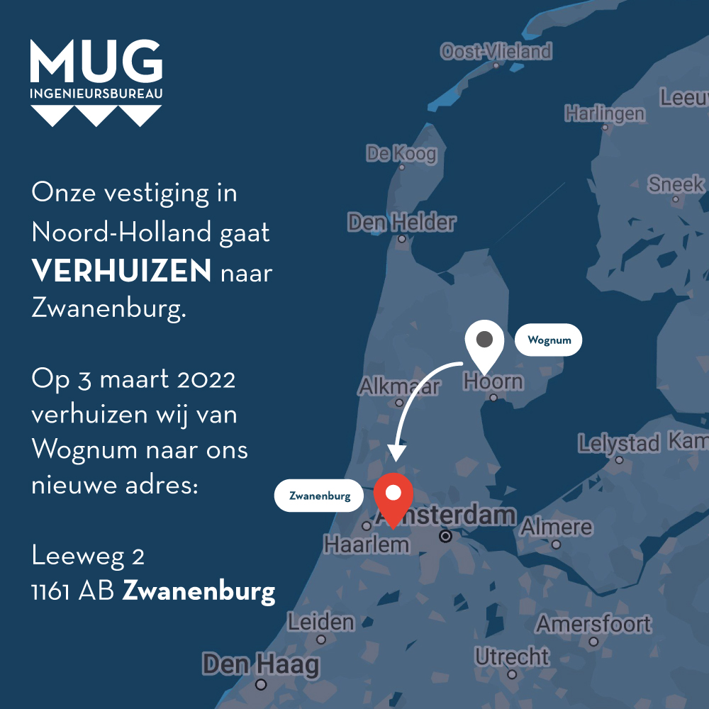 Begin maart 2022 verhuist de Noord-Hollandse vestiging van MUG Ingenieursbureau naar een nieuwe locatie! Na vier jaar gevestigd te zijn geweest in Wognum, verhuizen we naar onze nieuwe kantoorruimte aan de Leeweg 2 in Zwanenburg.

Lees verder op: lnkd.in/ecBMjDQ8