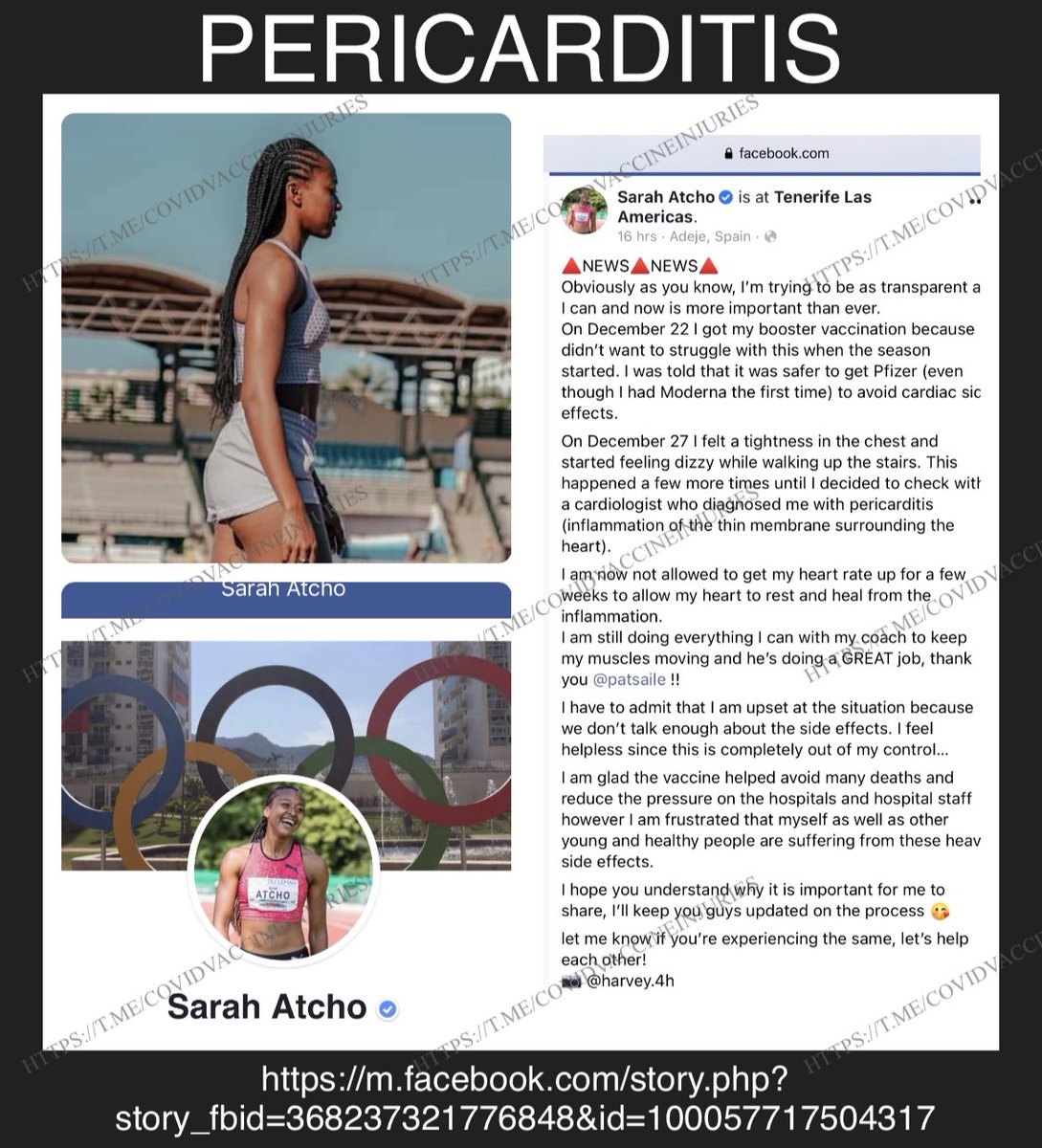 Olympian athlete Sarah Atcho has pericarditis now.