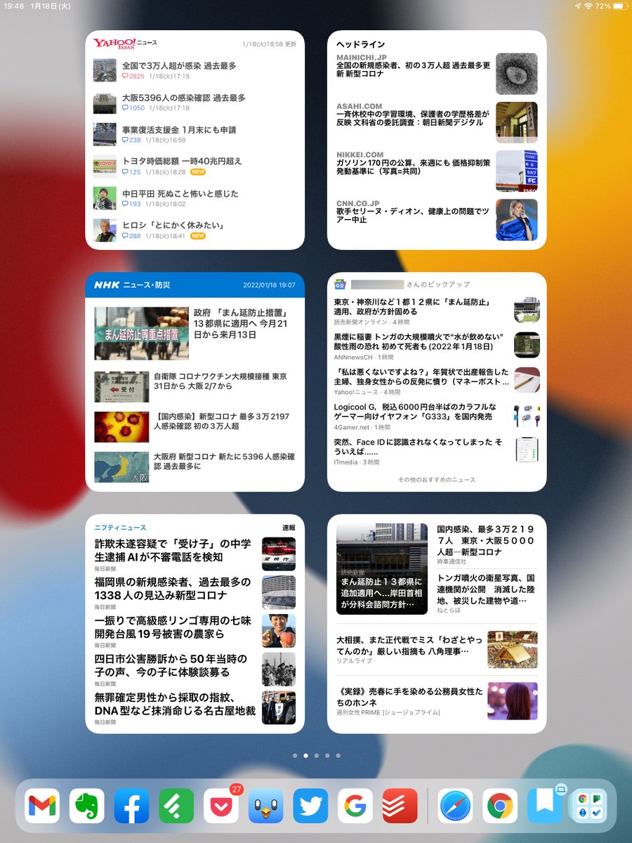 発見。iPadで、ニュース系アプリのウィジェットを1ページにびっしりと敷き詰めてみたら、一覧性があって意外にいい感じ。左上から、 ・Yahooニュース  ・Apple News ・NHKニュース・防災 ・Googleニュース ・ニフティニュース ・SmartNews の順。 上から順に、クリック頻度  ...