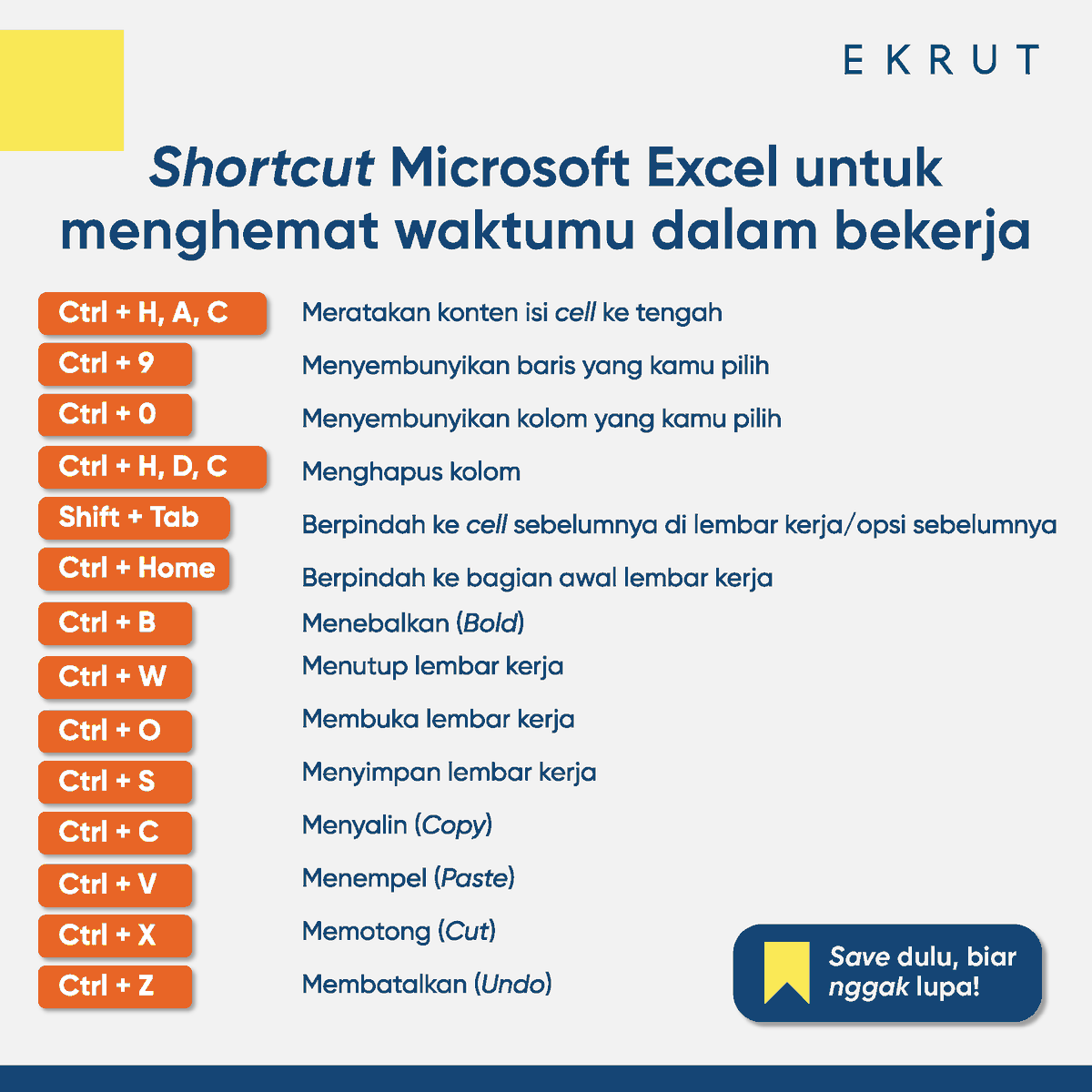 ekrutofficial's tweet image. Microsoft Excel adalah salah satu tool yang sering digunakan oleh karyawan di berbagai bidang pekerjaan. 

Untuk menghemat waktumu dalam bekerja, berikut beberapa shortcut Microsoft Excel yang dapat kamu gunakan!

#shortcutexcel #excel
Source: hitekno.com