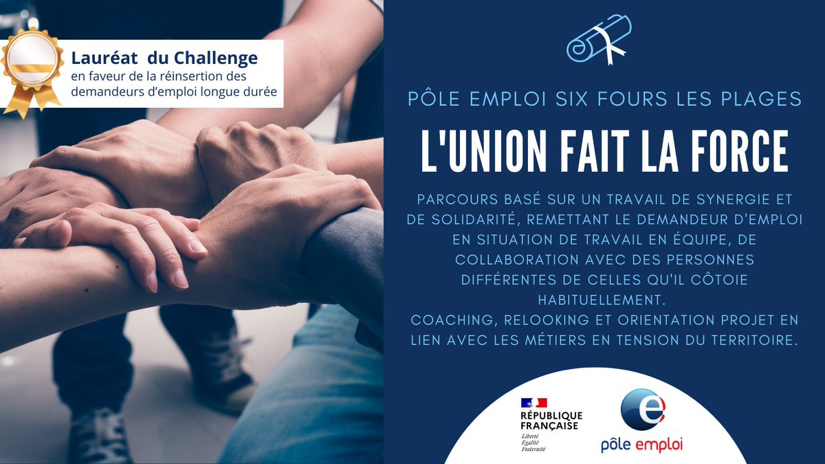 🏅@pole_emploi dans le #Var :
Un challenge national a été lancé au sein de Pôle emploi par <a href="/Travail_Gouv/">Ministère du Travail</a> afin de faire émerger des initiatives locales en faveur de la réinsertion des demandeurs d’emploi longue durée.
👉106 projets retenus France entière, 13 en PACA, 3 pour le Var