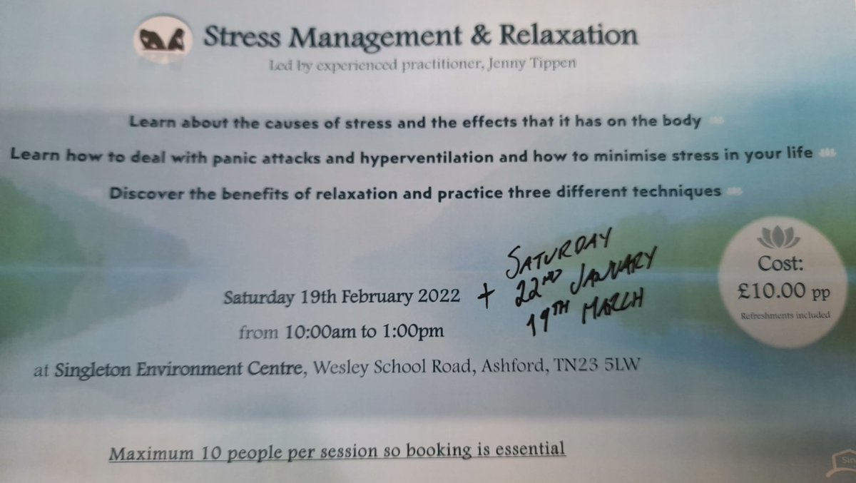 There are now 3 dates for the Stress &amp; Relaxation Workshop being run by Jenny. This Saturday, 19th February &amp; also 19th March. Please contact the centre manager if you would like to book in. <a href="/GCwSPC/">GCwS Parish Council</a> <a href="/SingletonLake/">Singleton Lake</a> @visitashtent <a href="/VisitKent/">Visit Kent</a> <a href="/NHSKentCHFT/">Kent Community Health NHS Foundation Trust</a>
