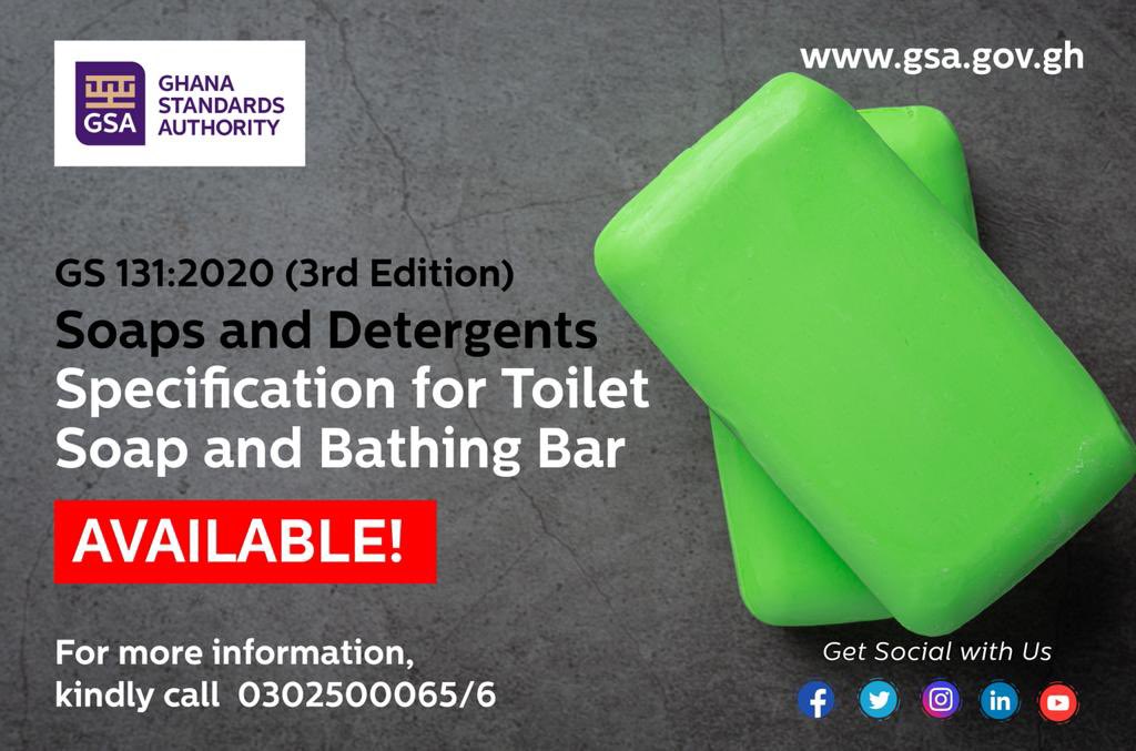 GhanaStandards's tweet photo. Standard specifications for Soaps and Detergents GS 131:2020 (3rd Edition)

Available for sale.
Kindly call us on 0302 500065/6

 #standards
 #soap #bathingbar #toiletsoap
#detergents https://t.co/1HHqPeLSsr