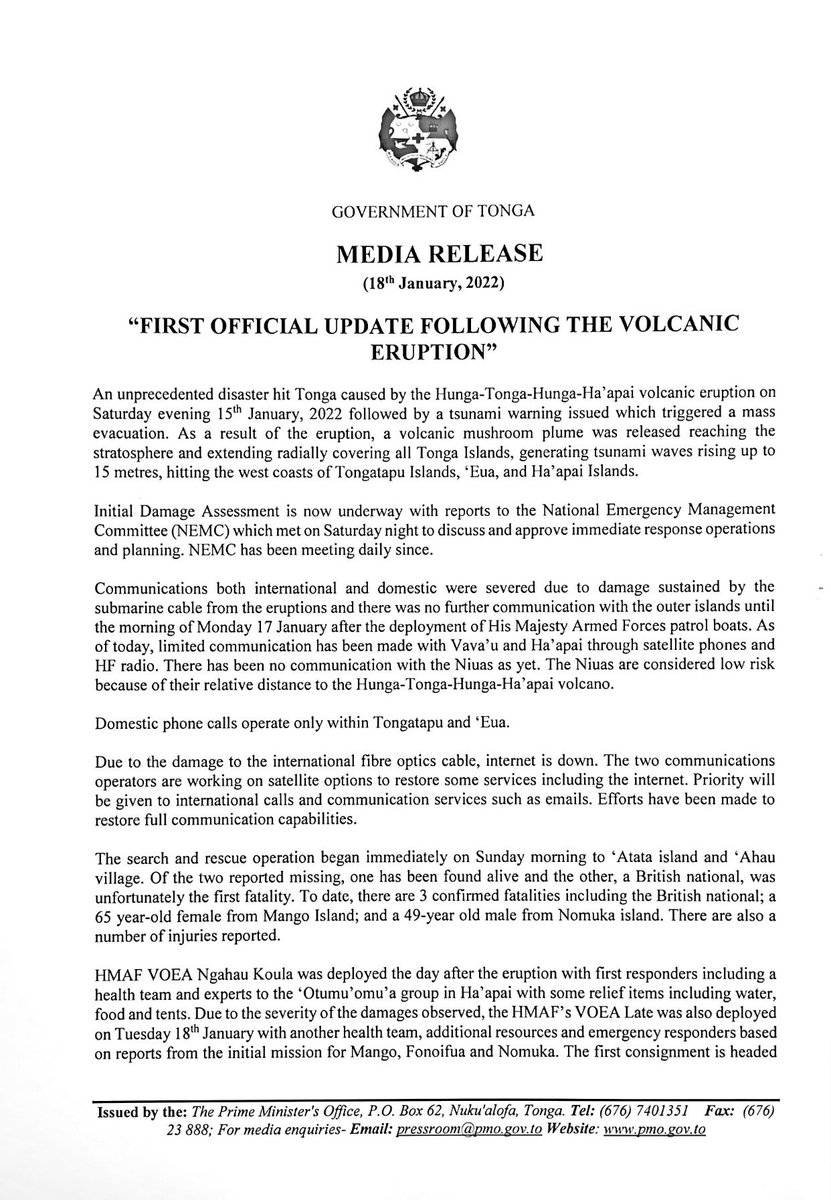 aletweetsnews's tweet photo. We finally have a more detailed update from Tonga. At least three people dead. No internet due to a broken submarine cable. Damaged wharves, ash-covered runways hampering relief efforts.

A worrying note about volcanic ash having "seriously affected" drinking water. https://t.co/LnxbKSTCpr