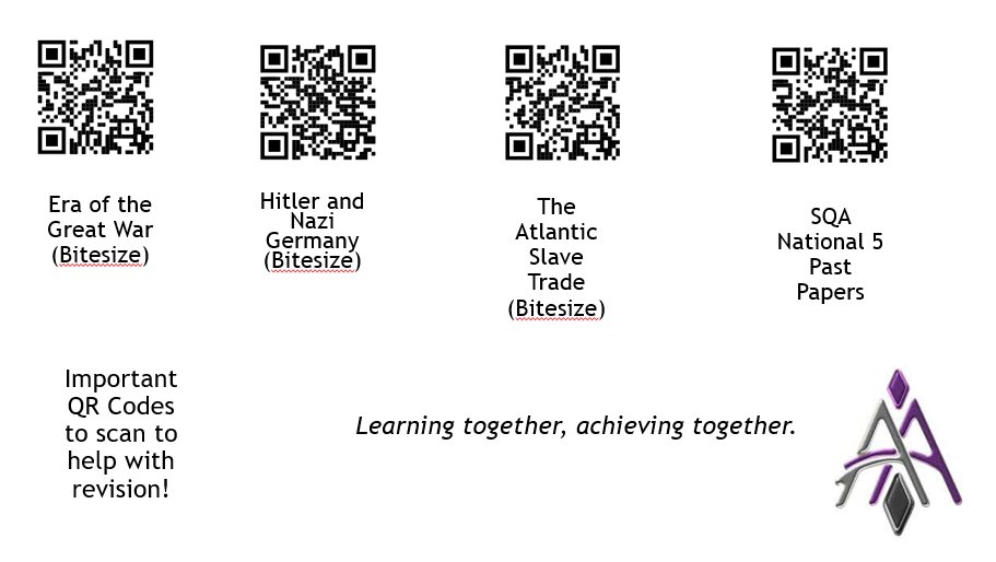 National 5 Historians,  scan the QR codes for easy access to useful websites. <a href="/SocialArmadale/">Armadale Academy Social Subjects Department</a> 
Or alternatively, use the following links:
sqa.org.uk/sqa/47447.html
bbc.co.uk/bitesize/topic… (Atlantic Slave Trade)
bbc.co.uk/bitesize/topic… (WW1)
bbc.co.uk/bitesize/topic… (Nazi Germany)