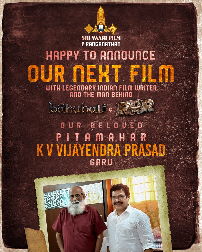 TFIMovieUpdates's tweet photo. Legendary Screen Writer #KVVijayendraPrasad To Pen Story Nd Screenplay For @srivaarifilm Third Production Venture
#PRanganathan
@onlynikil
More Details To Be Announced Soon 💥 https://t.co/ebo60iQOeX