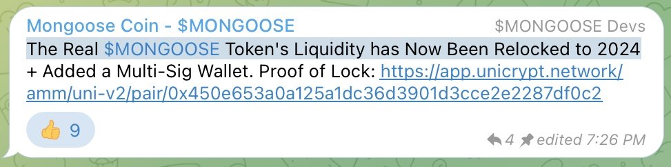The REAL #mongoose token's liquidity has been locked until 2024.

There was no rug pull.

There was only an entitled influencer selling his bags and attempting a coup.

It will fail.

There is no v2. There is only $mong.