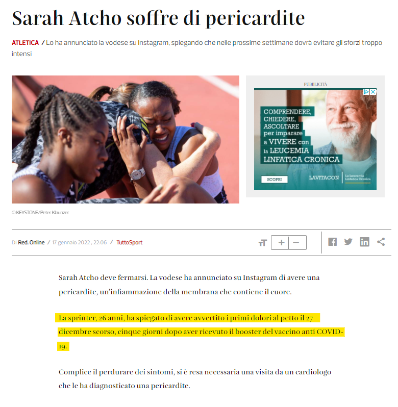 ccPinachet's tweet photo. La velocista svizzera Sarah #Atcho soffre di pericardite.

La sprinter, 26 anni, ha spiegato di avere avvertito i primi dolori al petto il 27 dicembre scorso, cinque giorni dopo aver ricevuto il booster del vaccino anti #COVID19. https://t.co/WgyGFliPlj