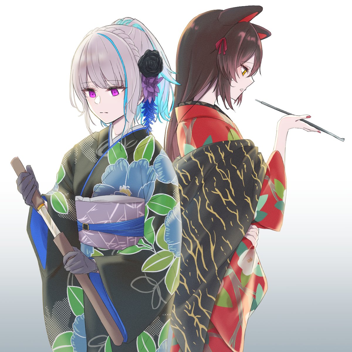 inui toko ,lize helesta multiple girls 2girls kimono japanese clothes brown hair animal ears dog ears  illustration images