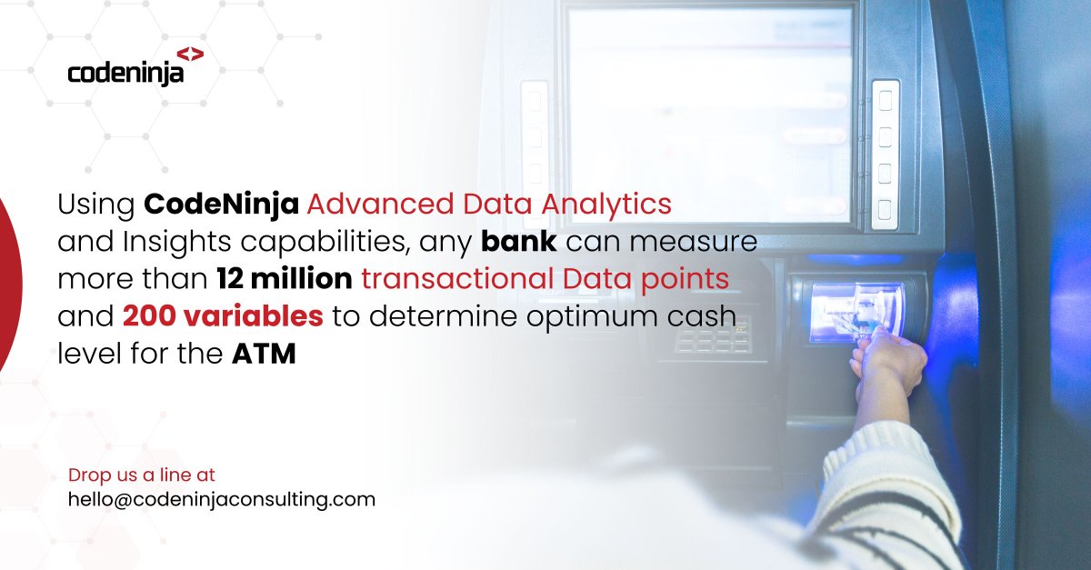 Using CodeNinja Inc. Advanced #dataanalytics and #insights capabilities, any #bank can measure more than 12 million transactional #datapoints and 200 variables to determine optimum cash level for the #atm 

#CodeNinja #remotework #workfromhome #businessgrowth #entrepreneur https://t.co/7Iz5vhIaZ6