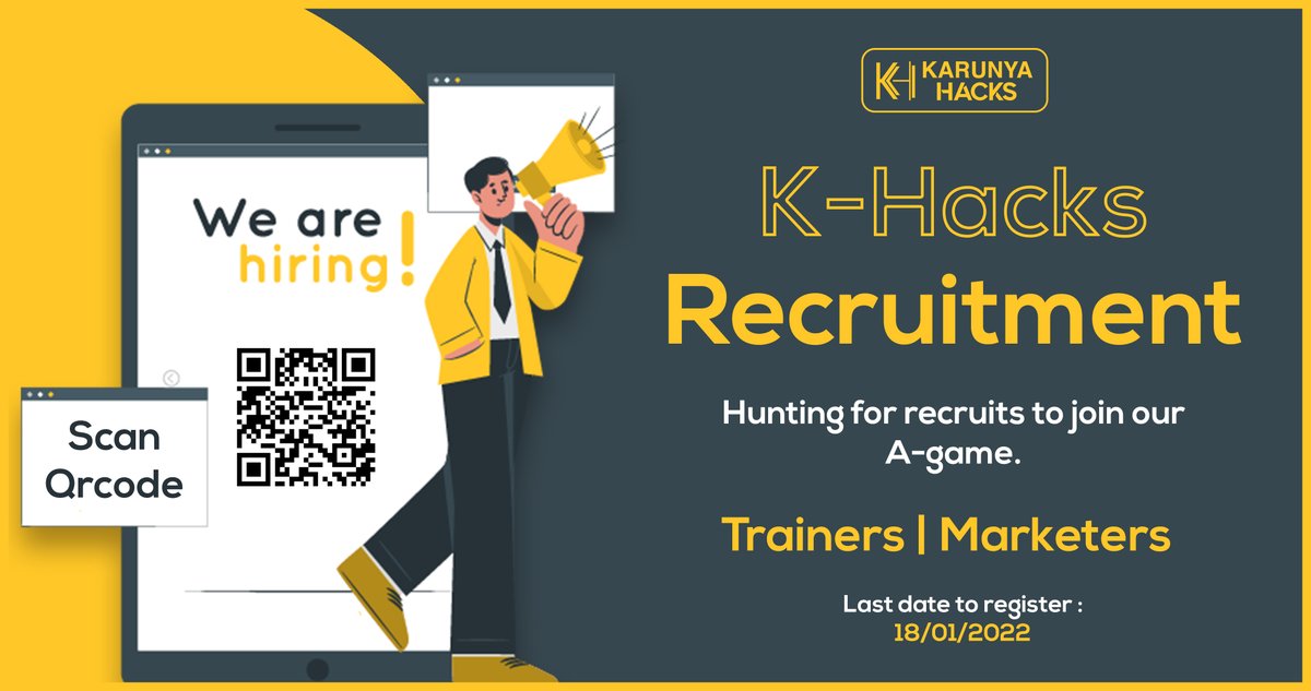 KarunyaHacks's tweet photo. We are recruiting members for our A-game! We present to you an opportunity to join us! Join our voyage in technically training others and leading the team.

#khacks #karunyauniv #karunyahacks #recruitment #khacksrecruitment2022 https://t.co/0q30ZuJSy4