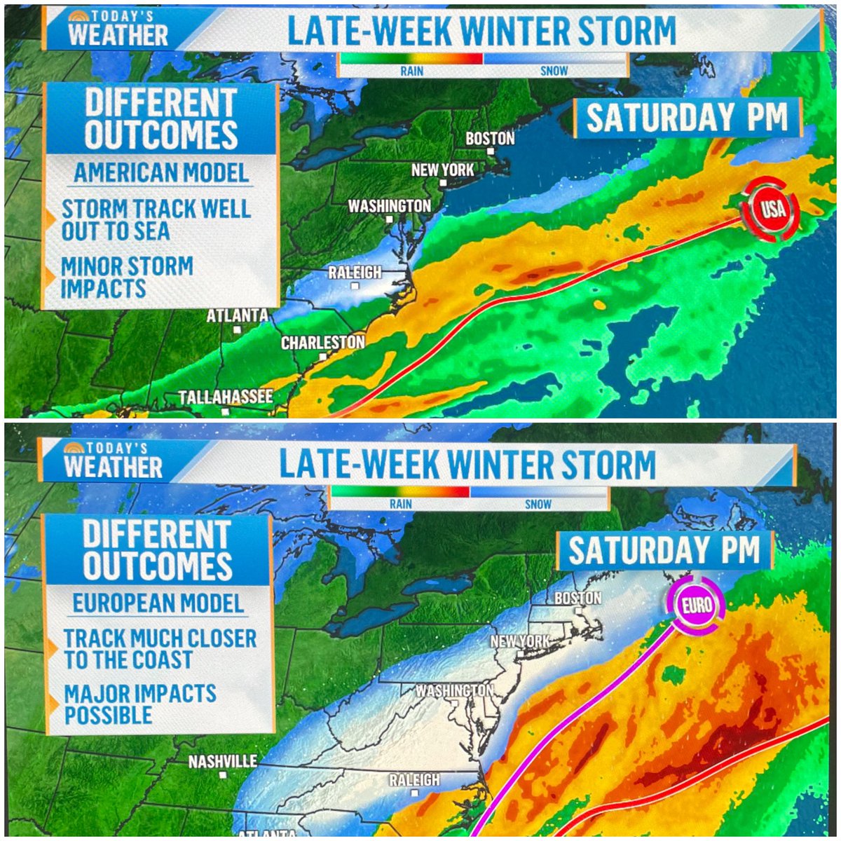 alroker's tweet photo. You can’t get a more different outcome between the #gfsmodel and the #euromodel for this coming weekend. Who wins out? We’re keeping a close eye on it in the #nbcnewsclimateunit and will have the latest on the platforms of @nbcnews https://t.co/ivjV0Rf0Tk
