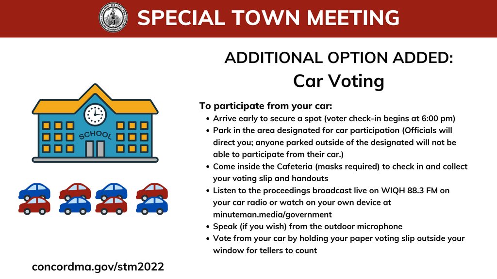 IMPORTANT UPDATE 

STM on Jan 20 will be at CCHS in the gym, cafeteria, and auditorium w space for physical distancing. A limited number of parking spaces will be available for voters who wish to participate from their cars.

Full information: concordma.gov/2935/Special-T…