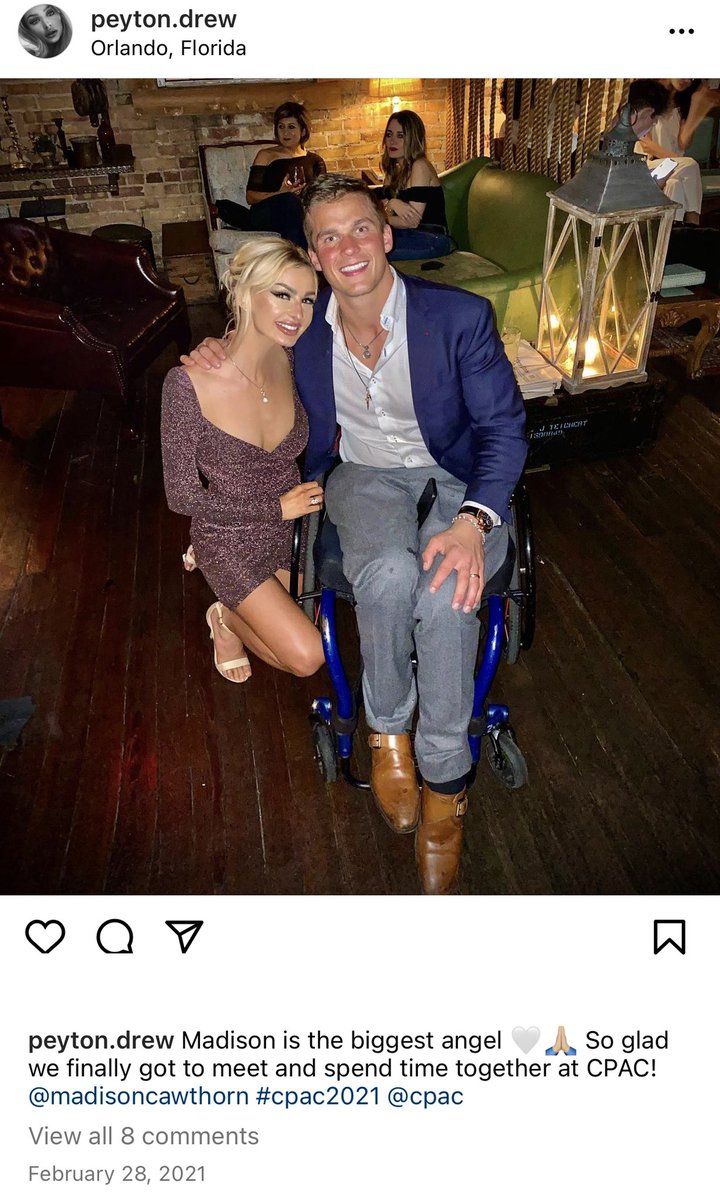 patriottakes's tweet photo. Madison Cawthorn with model turned OANN talent producer Peyton Drew at CPAC in February 2021.

Drew wrote they got to “spend time together.” For those who want to know, Cawthorn was legally married in December of 2020. https://t.co/BYJLIlCPIo