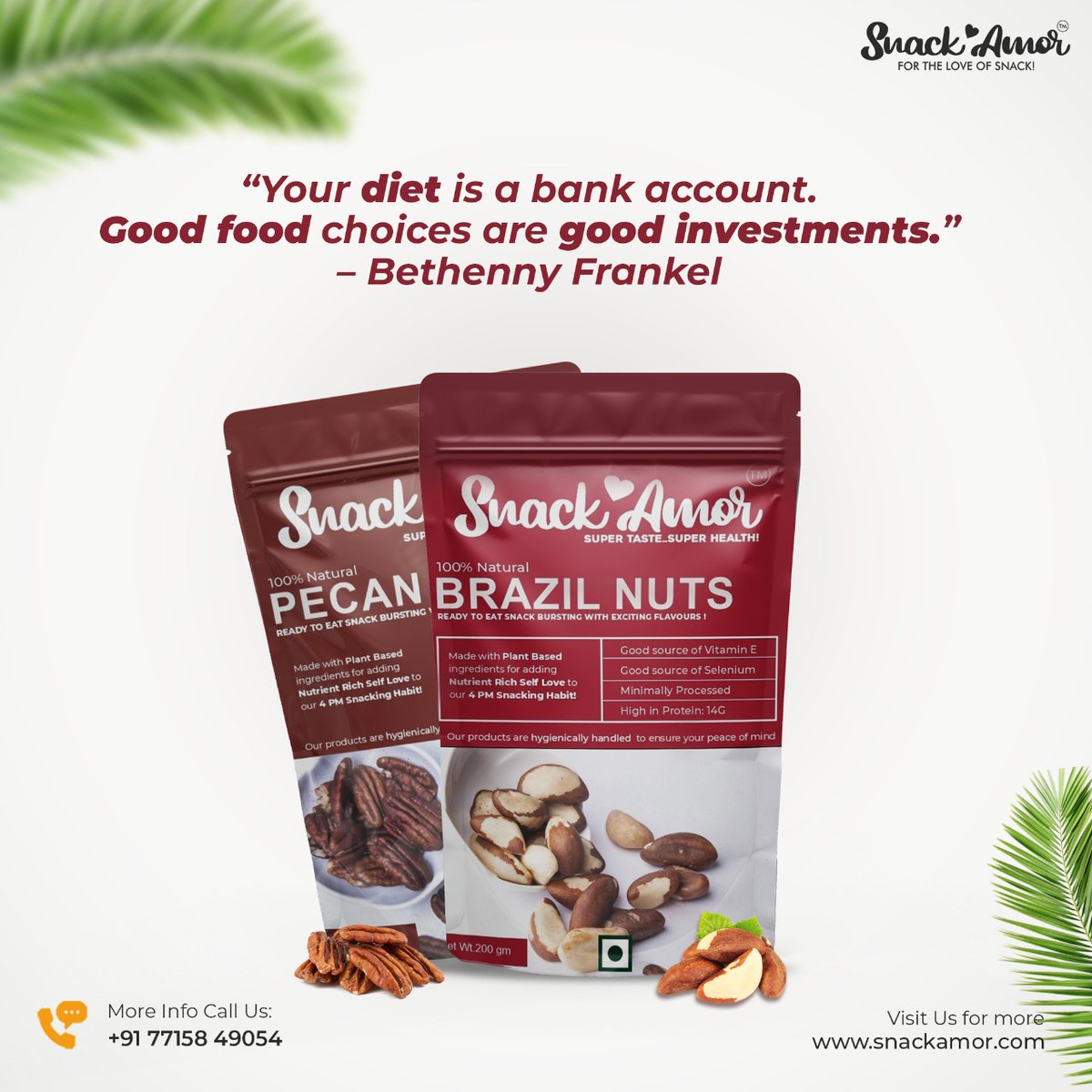 AmorSnack's tweet photo. “Your diet is a bank account. Good food choices are good investments.” – @bethennyfrankel

#snackamor #healthysnacks #Brazilnuts #PecanNuts https://t.co/06oG18CO24