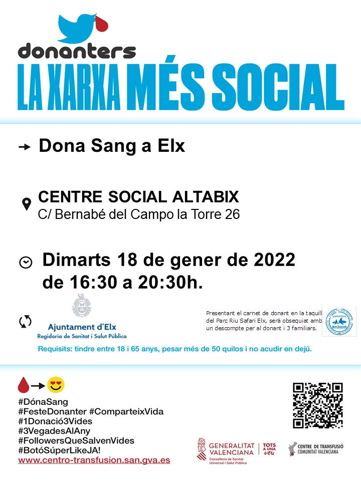 GVAdonasang's tweet photo. Dona sang a #Elx
📅 Dimarts #18gener
👉Si tens entre 18 i 65 anys i peses més de 50 kg, agafa el teu DNI i uneix-te a #Donanters, la teua donació salva vides. https://t.co/jDJYzuSAV7