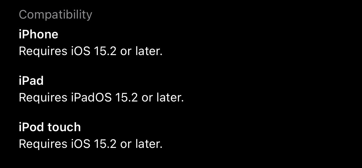 danielkiley's tweet photo. @twolivesleft @RetrogramApp The App Store listing still says 15.2 notwithstanding the release notes on 1.0.4?

(Unfortunately it’s easier to tell you this than convince a friend to upgrade to iOS 15 🤦🏻‍♂️) https://t.co/GqO14IAy8u