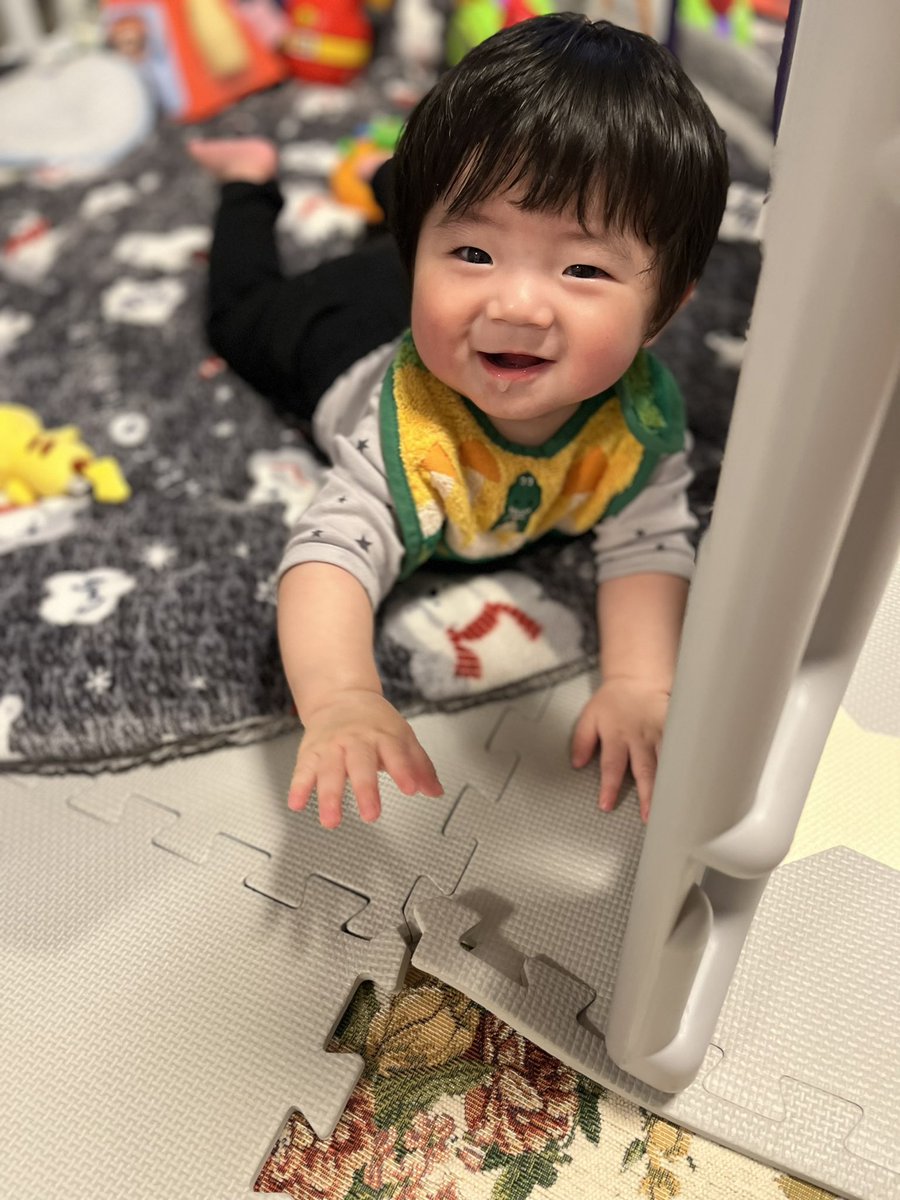 愚民ぺ タイバニ2期おめでとう そしておめでとう ジョイントマットの端っこを赤ちゃんらしくいじる息子 止められて サークルに向かってふて寝する息子 毎日かわいい息子ちゃん 完全に息子アカになってしまったすみません 赤ちゃんのいる生活
