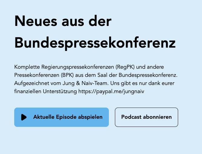 JungNaiv's tweet photo. Der Podcast von uns für alle Aufzeichnungen aus der BPK: Neues aus der Bundespressekonferenz (inkl. der bisherigen über 700 PKs) https://t.co/AXZKUPnysq

Abonniert ihn!
Unterstützt uns! https://t.co/PmIbwCLb2L