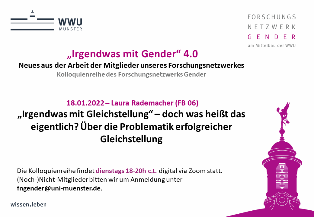 fngenderwwu's tweet photo. Reminder: Heute Abend um 18h startet unsere Kolloquienreihe "Irgendwas mit Gender" 4.0 mit einem Vortrag von Laura Rademacher aus dem Orga-Team! https://t.co/CMzS0hniKF