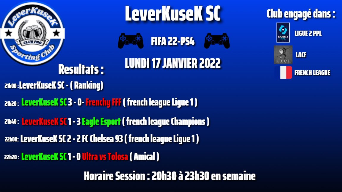 Les résultats de nos match de hier 
 Bonne session dans l’ensemble <a href="/valdanouxXx/">Valdoche</a>