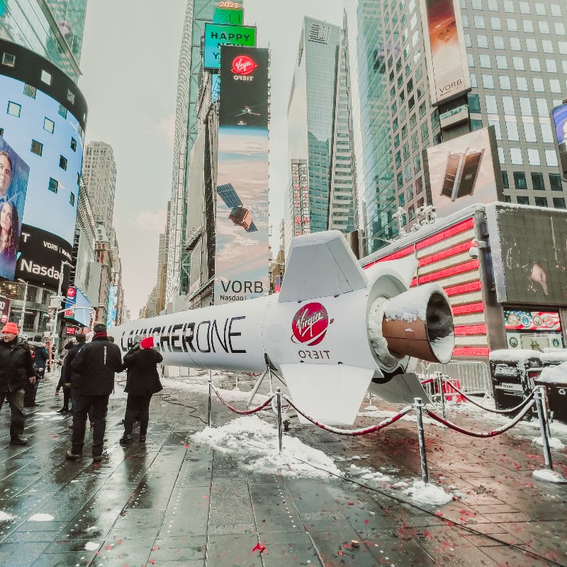 Virgin's tweet photo. What happened when @VirginOrbit brought a 70-foot rocket to Times Square 🚀