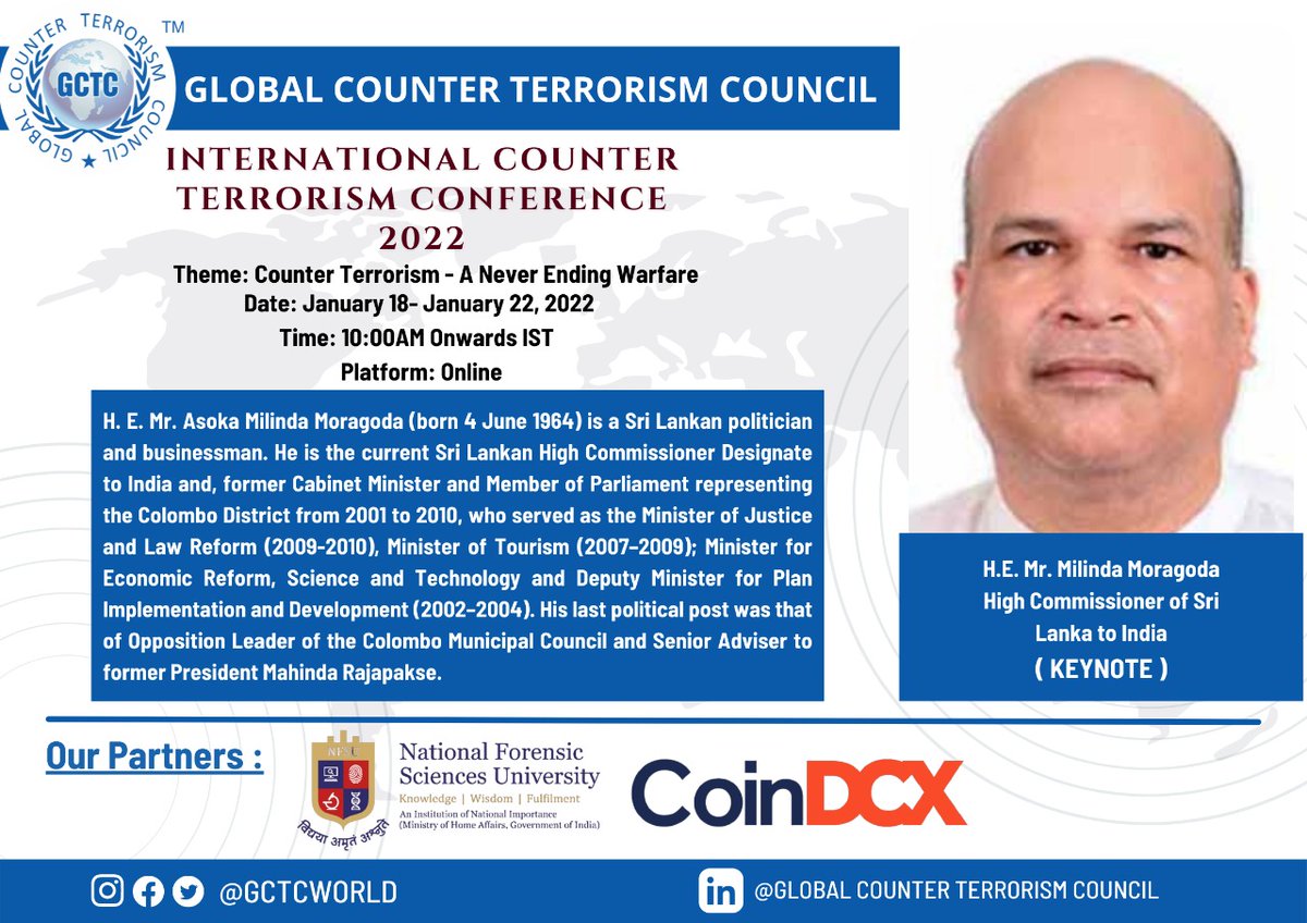 GCTCWORLD's tweet photo. #GCTC is glad to have H.E. High Commissioner Milinda Moragoda as Keynote Speaker for International Counter Terrorism Conference 2022.
@MilindaMoragoda

@adgpi @indiannavy @HQ_IDS_India 
#counterterrorism #terrorism #globalcooperation #globalsecurity #foreigncollaboration #Asia https://t.co/xzDtMzZwfF