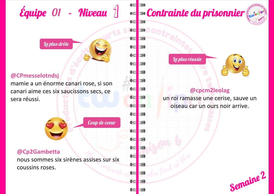 #twoulipo #EQ01
Voici les résultats des meilleures phrases de prisonnier ! Bravo à tous pour avoir réussi à vous libérer de cette contrainte et félicitations aux récompensés ! 

<a href="/Cp2Gambetta/">Cp2Gambetta</a>
<a href="/monet_cp/">CP K Claude Monet</a>
@cpcm2leolag
@CPThorez2021
<a href="/LeCPdesnainsde1/">LeCPdesnainsdejardin</a>
<a href="/CPmesselotndsj/">Messelot Juliette</a>
@maclasse2cp