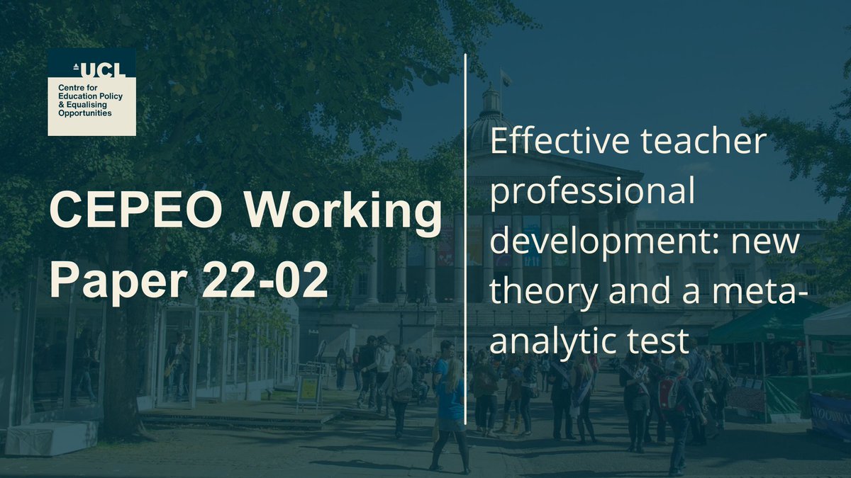 🔔New Working Paper

Effective teacher professional development: new theory and a meta-analytic test 

by <a href="/DrSamSims/">Sam Sims</a> <a href="/HFletcherWood/">Harry Fletcher-Wood</a> <a href="/AlisonOMara/">Alison O'Mara-Eves</a> @overpractised <a href="/ClaireStansf/">Claire Stansfield</a> <a href="/Josh_CPD/">Josh Goodrich</a> <a href="/JoVanHerwegen/">Jo Van Herwegen</a> <a href="/jakeanders/">Jake Anders</a> 

Access here👇
bit.ly/CEPEOWP22-02