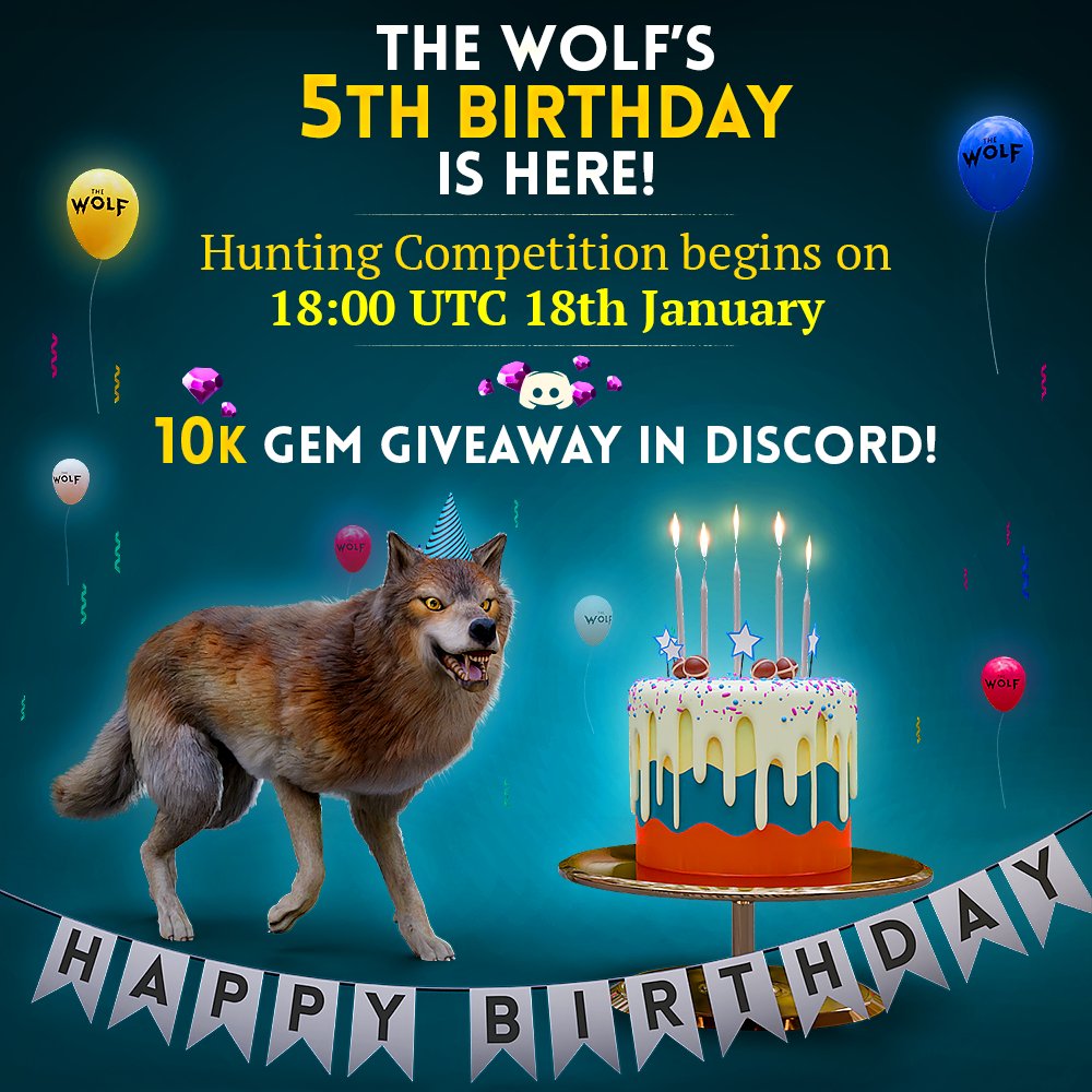 Today is the 5th Birthday of The Wolf! 🎉 🐺 It's time to celebrate with special hunting competitions, 10k in gem giveaways 💎 , and a dedicated channel in discord where you can share your favorite addition to The Wolf over the last five years! Special Hunting Comps begin 18 UTC