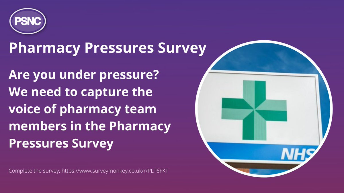 Pharmacy teams, please take part in #PSNC's #Pharmacy Pressures Survey to help us get a snapshot of the scale of the problems and continue to make pharmacy's case. ow.ly/o1h150HwLaQ