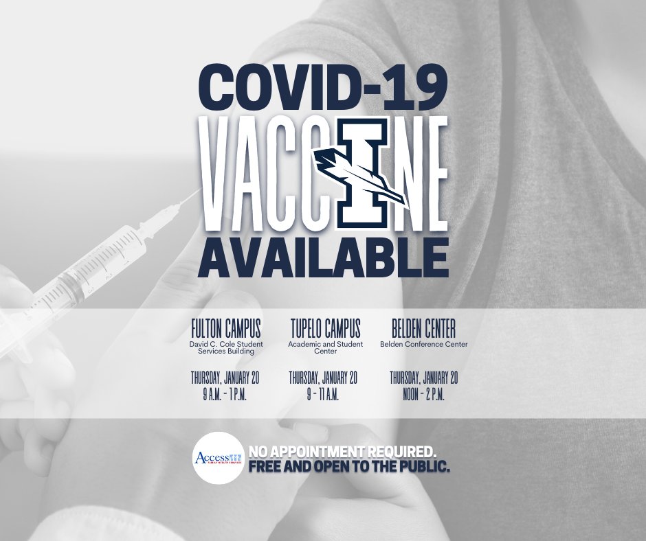 Free COVID-19 vaccines will be available at all Itawamba Community College locations on Jan. 20 for employees, students, their families and the entire community.  The free vaccinations are made available through a partnership with Access Family Health Services, Inc.