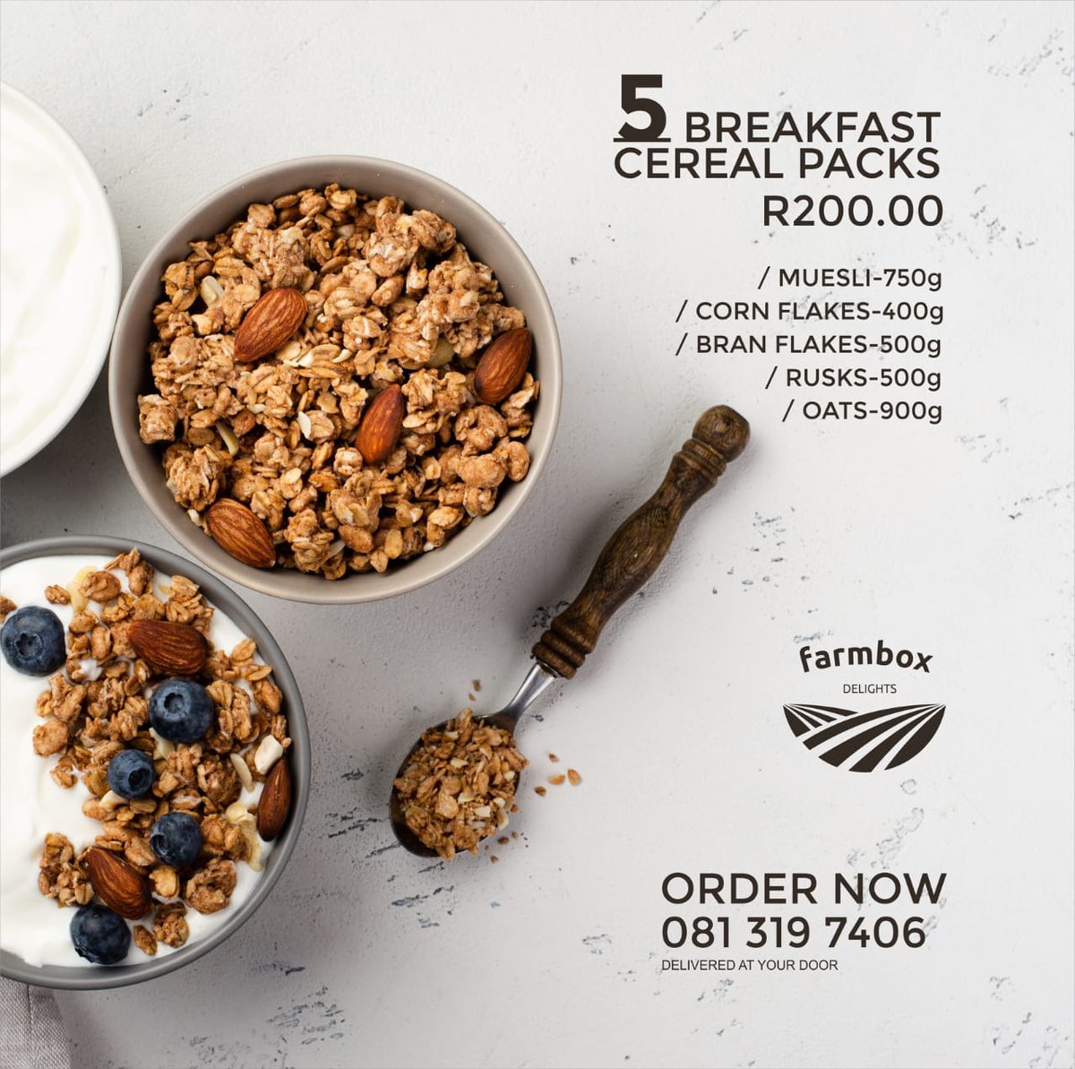 Farmbox3's tweet photo. 🌍🌱☘️🌿🌾BREAKFAST HAMPER R200!!! ☘️🍁🍂☘️🌾
1. MUESLI 750G
2. CORN FLAKES 400G
3. BRAN FLAKES 400G
4. RUSKS 750G
5. OATS 800G
 ORDER ON WHATSAPP: 0813197406 https://t.co/WeU4E0qQk6