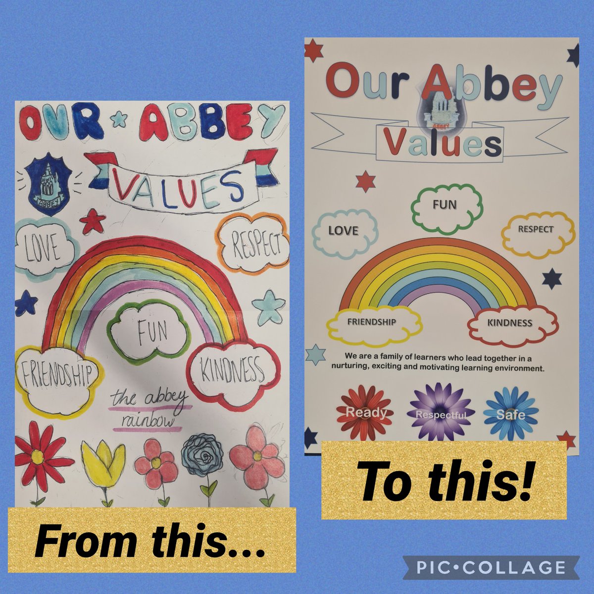 abbeyprimarysch's tweet photo. Delighted to share our year long project establishing Abbey Vision and Values. #familyfirst #familyoflearners #love #kindness #fun #friendship #respect #abbeymagic Thank you to all our pupil entries to our winning design from T in P7D! https://t.co/nuu91OVcUX