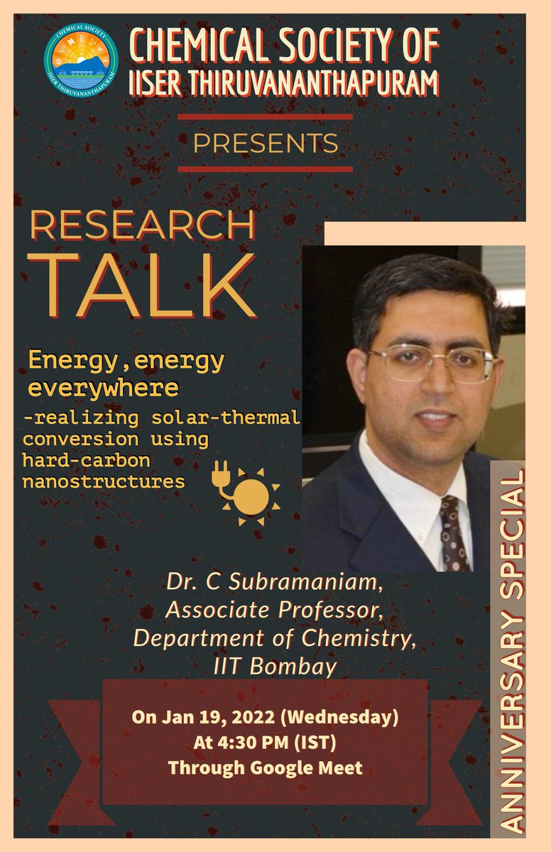 Chemical Society of IISER-Thiruvananthapuram (@csit_iisertvm) on Twitter photo Our second research talk speaker would be Dr C Subramaniam (Associate Professor, Department of Chemistry, <a href="/iitbombay/">IIT Bombay</a> ). Do join! Our second research talk speaker would be Dr C Subramaniam (Associate Professor, Department of Chemistry, <a href="/iitbombay/">IIT Bombay</a> ). Do join!