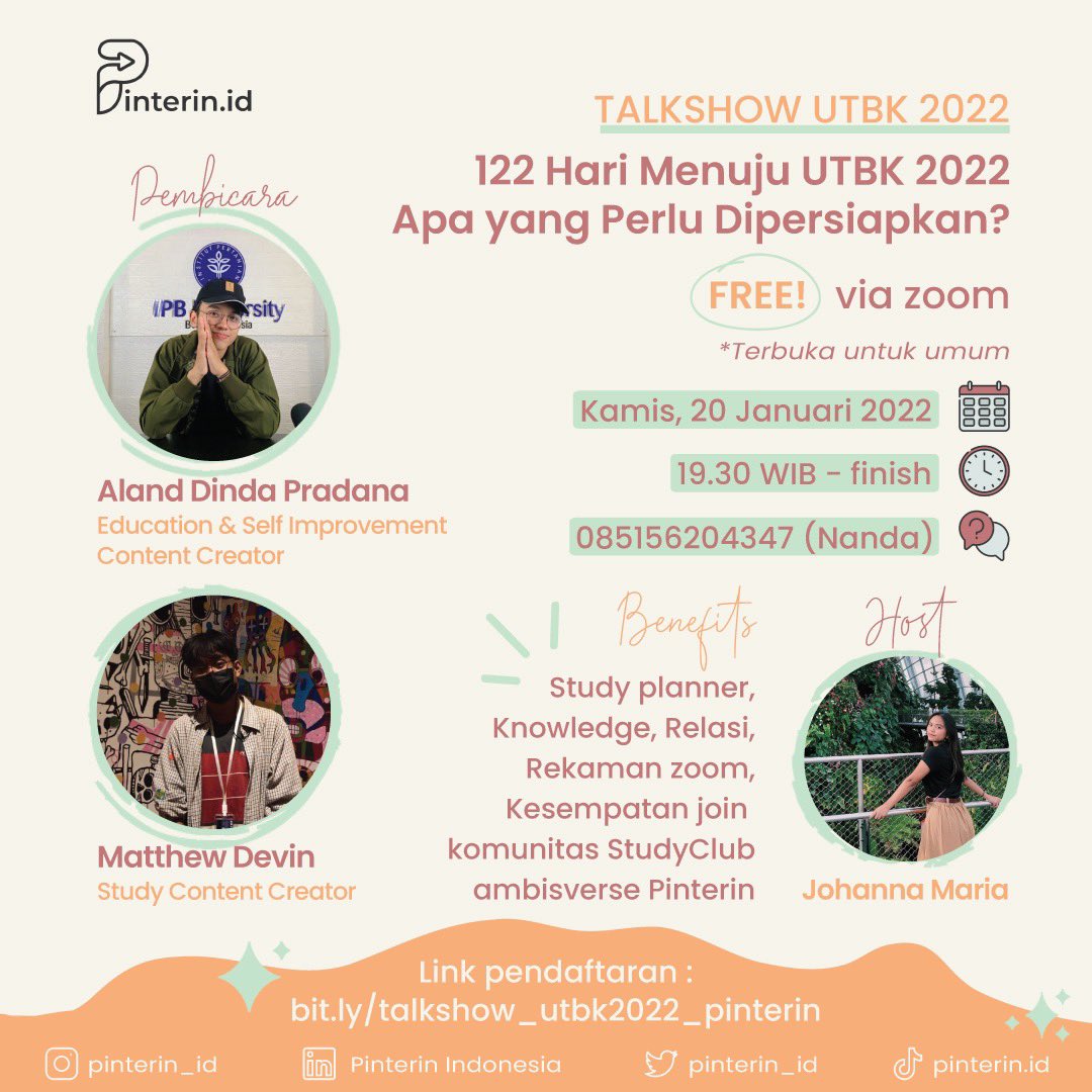 Pinterin_id's tweet photo. UTBK APA AJA SIH YANG HARUS DIPERSIAPKAN?

1. Berkas Pendukung
2. Pengetahuan tentang ujian
3. Mental

lengkapnya join aja si talkshow ini 👇🏻👇🏻
https://t.co/p0nVKqbcw8 https://t.co/aLRYETzURP