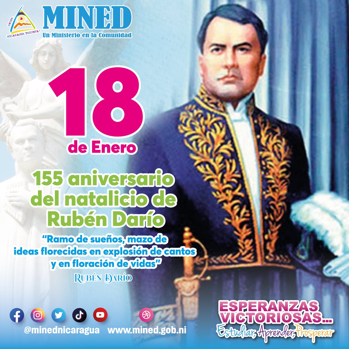 18 de enero | 155 Aniversario del natalicio del Príncipe de las Letras Castellanas, Rubén Darío. 📘🖋

#Nicaragua