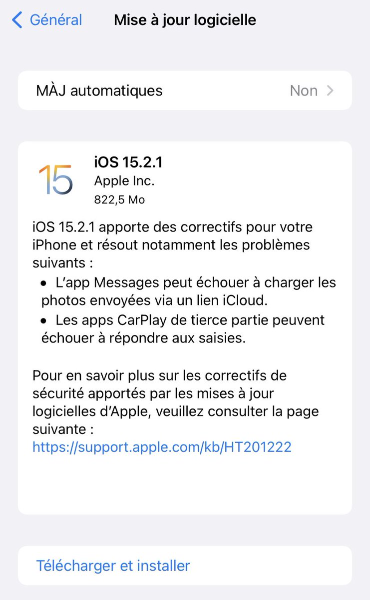 La Mise à jour iOS 15.2.1 est disponible pour votre iPhone  
Elle résout des problèmes et apporte des correctifs de sécurité 
Comme d’habitude, sauvegardez avant d’installer 😉
#MiseAJour
#Apple #iOS1521 #iOS #MaJ #AppStore #iPhone13mini #iPhone13 #iPhone13Pro #iPhone13ProMax