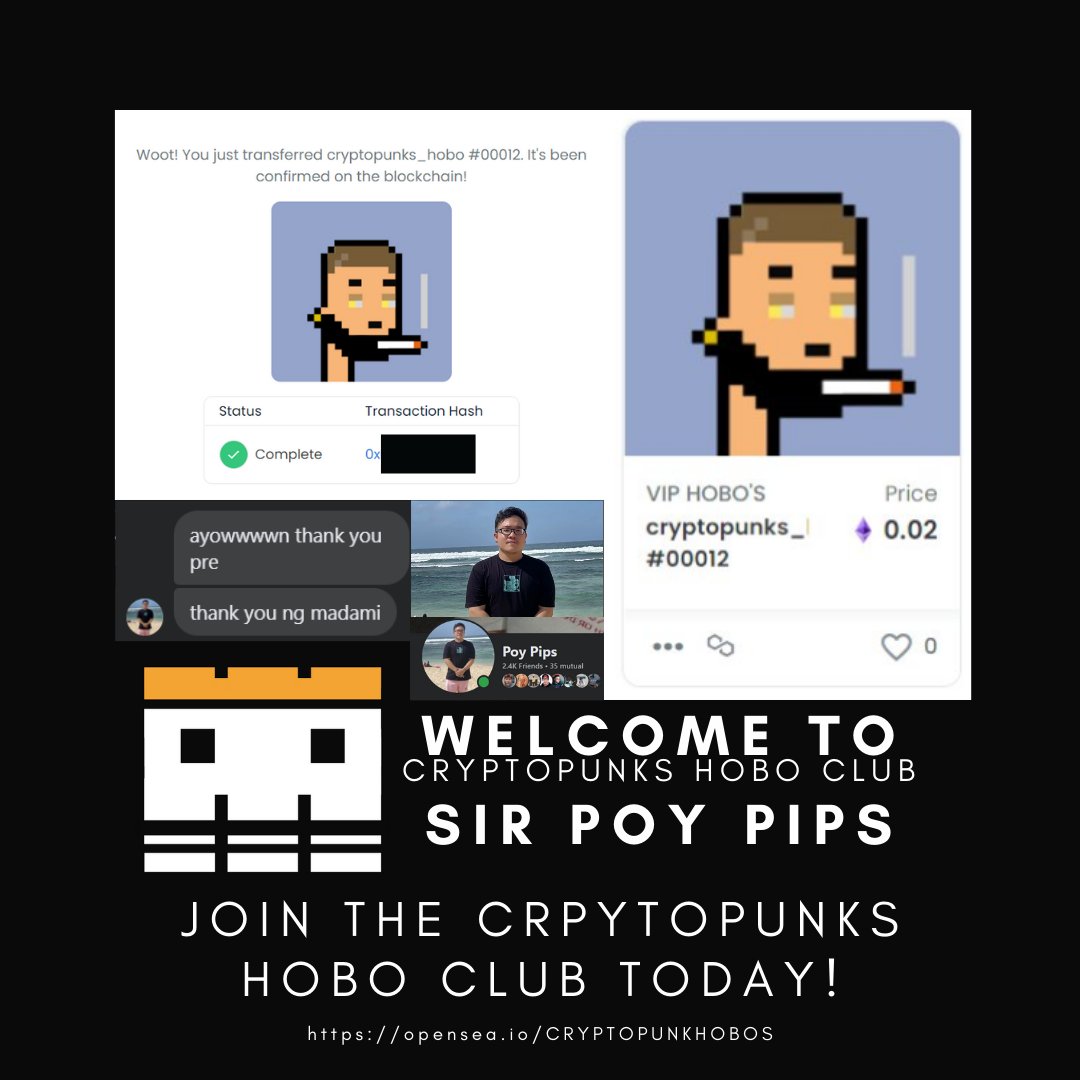 CryptopunksHobo's tweet photo. Welcome to CRYPTOPUNKS HOBO CLUB! Poy Pips 
CONGRATS SA LUCKY SHARER NATIN!
JOIN THE CRYPTOPUNKS HOBO CLUB TODAY!
https://t.co/IEI2f4r4Gc
You can see the nft art here:
https://t.co/QsskatNwIV...
#nftphilippines #nftcommunity #cryptopunkshobo #openseanft https://t.co/bVCQJCIq6x