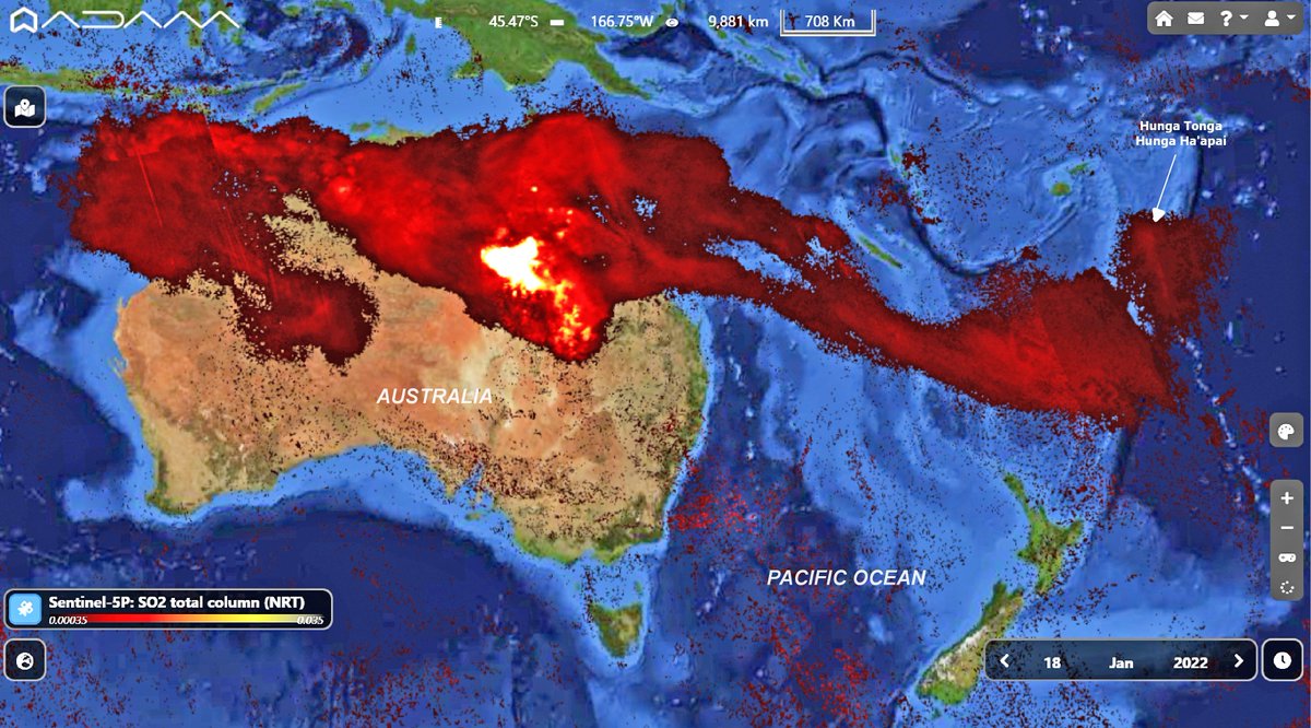 PlatformAdam's tweet photo. Updating SO2 emissions of #HungaTongaHungaHaapai. The huge plume of sulphur dioxide was detected today, Jan. 18 by the #Copernicus #Sentinel5p #Tropomi sensor over Northern #Australia, keeping moving westward. #Tonga #TongaVolcanoEruption #AirQuality @WMO @BOM_WA @smitchell_sci https://t.co/YZOnAIZTlw