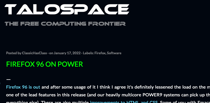mpc7500v2's tweet photo. #Firefox96 on Power
https://t.co/51xiCKcPDc
#OpenPOWER #POWER9 #PPC64le #PowerPC #JavaScriptJIT #Firefox https://t.co/eKF7rMyBLI