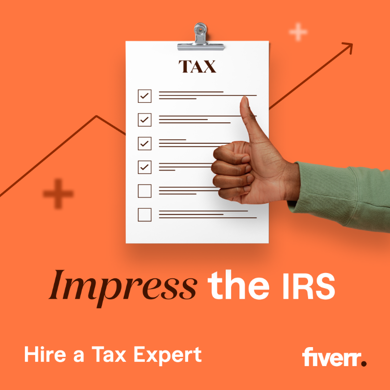 fiverr's tweet photo. Make this the year you don’t wait until April. Hire a professional to handle your accounting and bookkeeping.