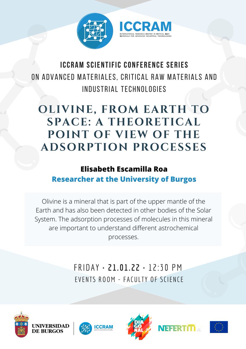 ICCRAM_UBU's tweet image. Next Friday, a new session of the ICCRAM scientific conferences. This time, Mario Santiago Herrera and Elisabeth Escamilla will explain their work related to the European projects #LightMe, @DIAGONALproject and @NefertitiEU.